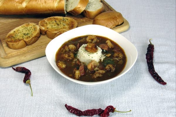 Chicken and Sausage Gumbo with Blackened Shrimp